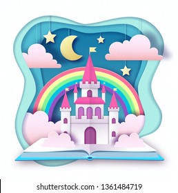 Open fairy tale book with castle with clouds, stars and moon. Cut out paper art style design. Origami