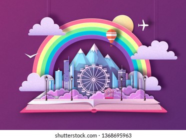 Open fairy tale book with city landscape, ferris wheel and mountains. Cut out paper art style design