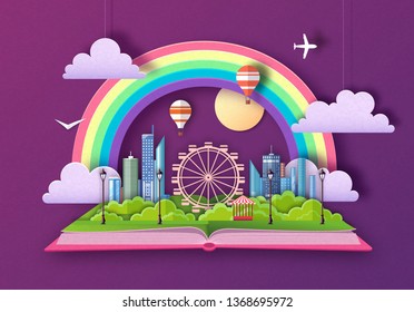 Open fairy tale book with city landscape and ferris wheel. Cut out paper art style design