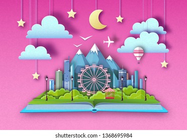 Open fairy tale book with city landscape, ferris wheel and mountains. Cut out paper art style design