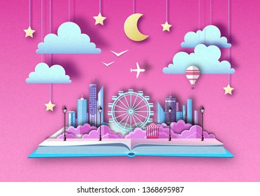 Open Fairy Tale Book With City Landscape And Ferris Wheel. Cut Out Paper Art Style Design