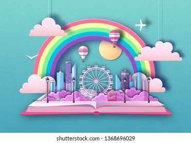 Open fairy tale book with city landscape and ferris wheel. Cut out paper art style design