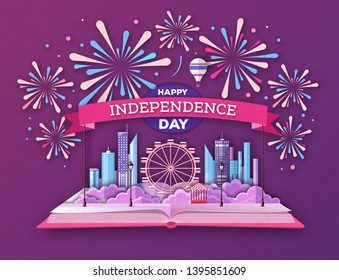 Open fairy tale book with city landscape and holiday firework. Inependence day.Cut out paper art style design
