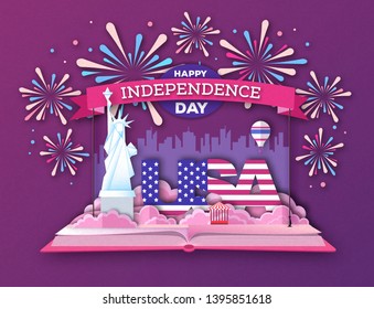 Open fairy tale book with city landscape and holiday firework. Inependence day.Cut out paper art style design