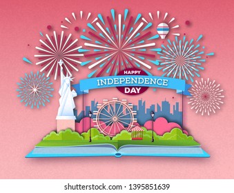 Open fairy tale book with city landscape and holiday firework. Inependence day.Cut out paper art style design