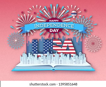 Open fairy tale book with city landscape and holiday firework. Inependence day.Cut out paper art style design