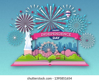 Open fairy tale book with city landscape and holiday firework. Inependence day.Cut out paper art style design