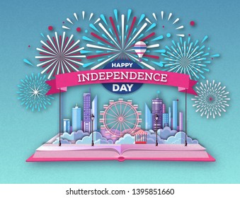 Open fairy tale book with city landscape and holiday firework. Inependence day.Cut out paper art style design