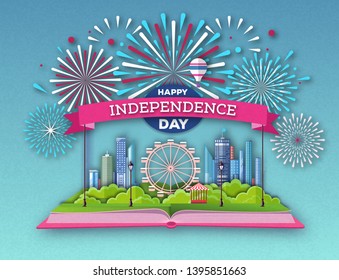 Open fairy tale book with city landscape and holiday firework. Inependence day.Cut out paper art style design