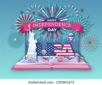 Open fairy tale book with city landscape and holiday firework. Inependence day.Cut out paper art style design