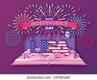 Open fairy tale book with city landscape and holiday firework. Inependence day.Cut out paper art style design