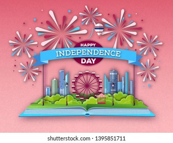 Open fairy tale book with city landscape and holiday firework. Inependence day.Cut out paper art style design