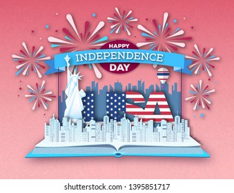 Open fairy tale book with city landscape and holiday firework. Inependence day.Cut out paper art style design