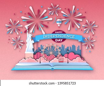 Open fairy tale book with city landscape and holiday firework. Inependence day.Cut out paper art style design
