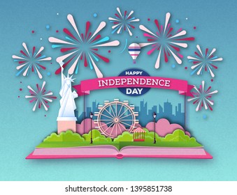 Open fairy tale book with city landscape and holiday firework. Inependence day.Cut out paper art style design