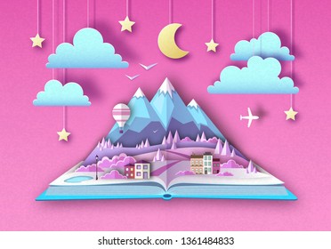Open fairy tale book with countryside mountains landscape. Cut out paper art style design
