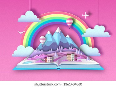 Open fairy tale book with countryside mountains landscape. Cut out paper art style design