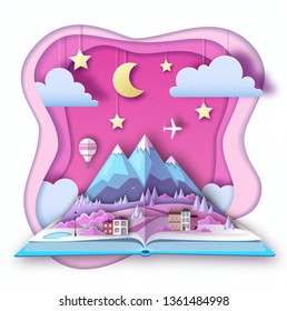 Open fairy tale book with countryside mountains landscape. Cut out paper art style design