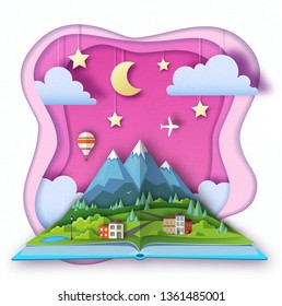 Open fairy tale book with countryside mountains landscape. Cut out paper art style design