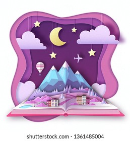 Open fairy tale book with countryside mountains landscape. Cut out paper art style design