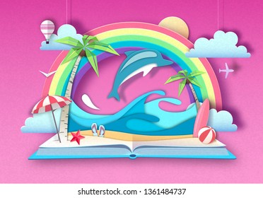 Open fairy tale book with dolphin and tropic beach landscape. Cut out paper art style design