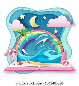 Open fairy tale book with dolphin and tropic beach landscape. Cut out paper art style design