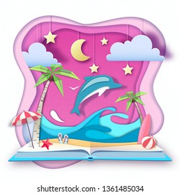 Open fairy tale book with dolphin and tropic beach landscape. Cut out paper art style design