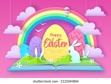 Open fairy tale book with Easter eggs and rabbits. Cut out paper art style design. Vector illustration
