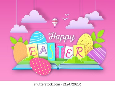 Libro abierto de cuentos de hadas con huevos de Pascua y conejos. Deja de lado el diseño de estilo de arte de papel. Ilustración del vector