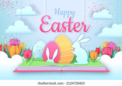 Open fairy tale book with Easter eggs and rabbits. Cut out paper art style design. Vector illustration