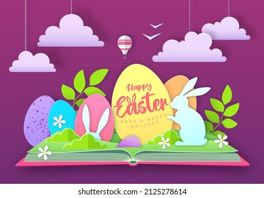 Open fairy tale book with Easter eggs and rabbits. Cut out paper art style design. Vector illustration