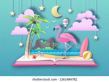 Open fairy tale book with flamingo and tropic beach landscape. Cut out paper art style design