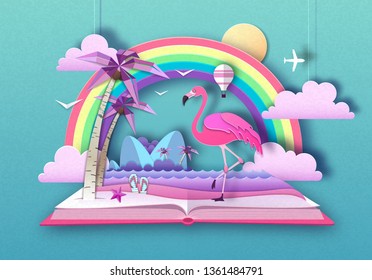 Open fairy tale book with flamingo and tropic beach landscape. Cut out paper art style design