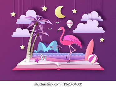 Open fairy tale book with flamingo and tropic beach landscape. Cut out paper art style design
