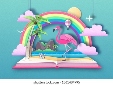 Open fairy tale book with flamingo and tropic beach landscape. Cut out paper art style design