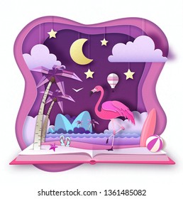 Open fairy tale book with flamingo and tropic beach landscape. Cut out paper art style design