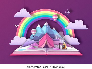 Open fairy tale book with Mountains landscape and camping. Cut out paper art style design