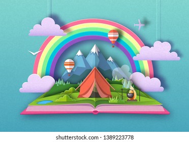 Open fairy tale book with Mountains landscape and camping. Cut out paper art style design
