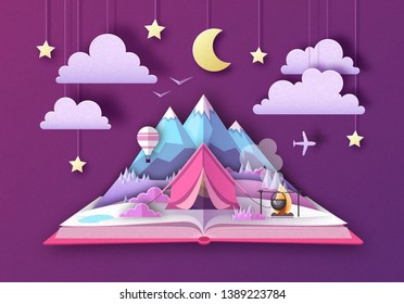 Open fairy tale book with Mountains landscape and camping. Cut out paper art style design