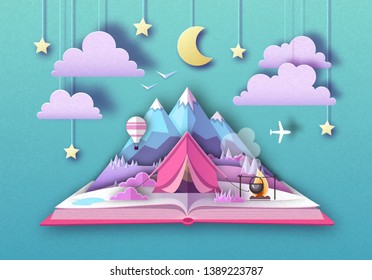 Open fairy tale book with Mountains landscape and camping. Cut out paper art style design