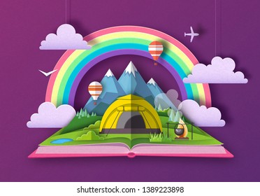 Open fairy tale book with Mountains landscape and camping. Cut out paper art style design
