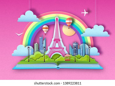 Open fairy tale book with Paris city landscape and Eiffel Tower. Cut out paper art style design