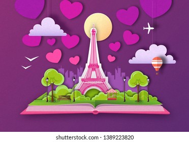 Open fairy tale book with Paris city landscape and Eiffel Tower. Cut out paper art style design