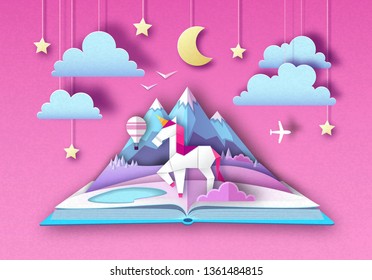 Open Fairy Tale Book With Unicorn And Mountain Landscape. Cut Out Paper Art Style Design