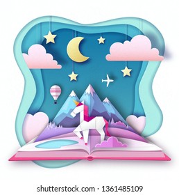 Open fairy tale book with unicorn and mountain landscape. Cut out paper art style design