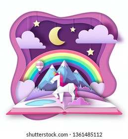 Open fairy tale book with unicorn and mountain landscape. Cut out paper art style design