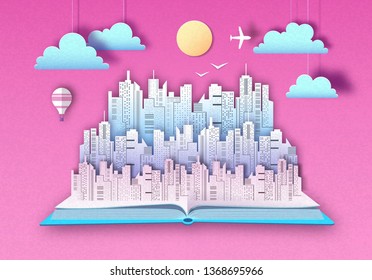 Open fairy tale book with urban city landscape. Cut out paper art style design