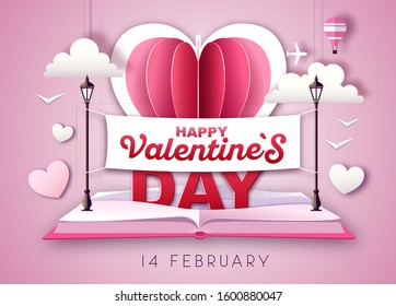 Open fairy tale book with valentine love heart. Happy Valentine`s day background. Cut out paper art style design