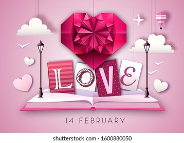 Open fairy tale book with valentine love heart. Happy Valentine`s day background. Cut out paper art style design