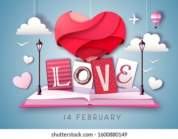 Open fairy tale book with valentine love heart. Happy Valentine`s day background. Cut out paper art style design